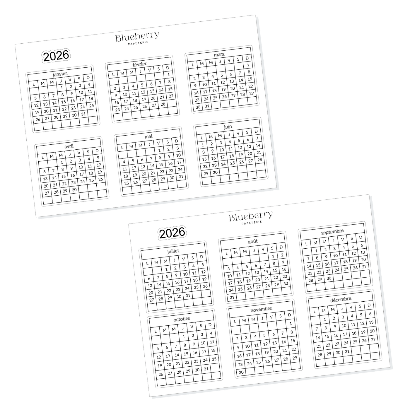 Autocollants Calendrier 2026 - Blueberry Papeterie