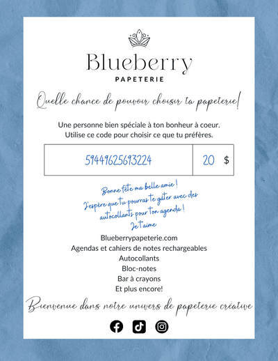 Carte cadeau Blueberry Papeterie - Blueberry Papeterie