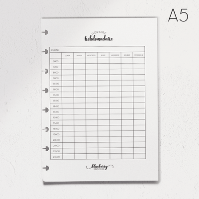 Recharge papier - Horaire hebdomadaire - A5 - Blueberry Papeterie