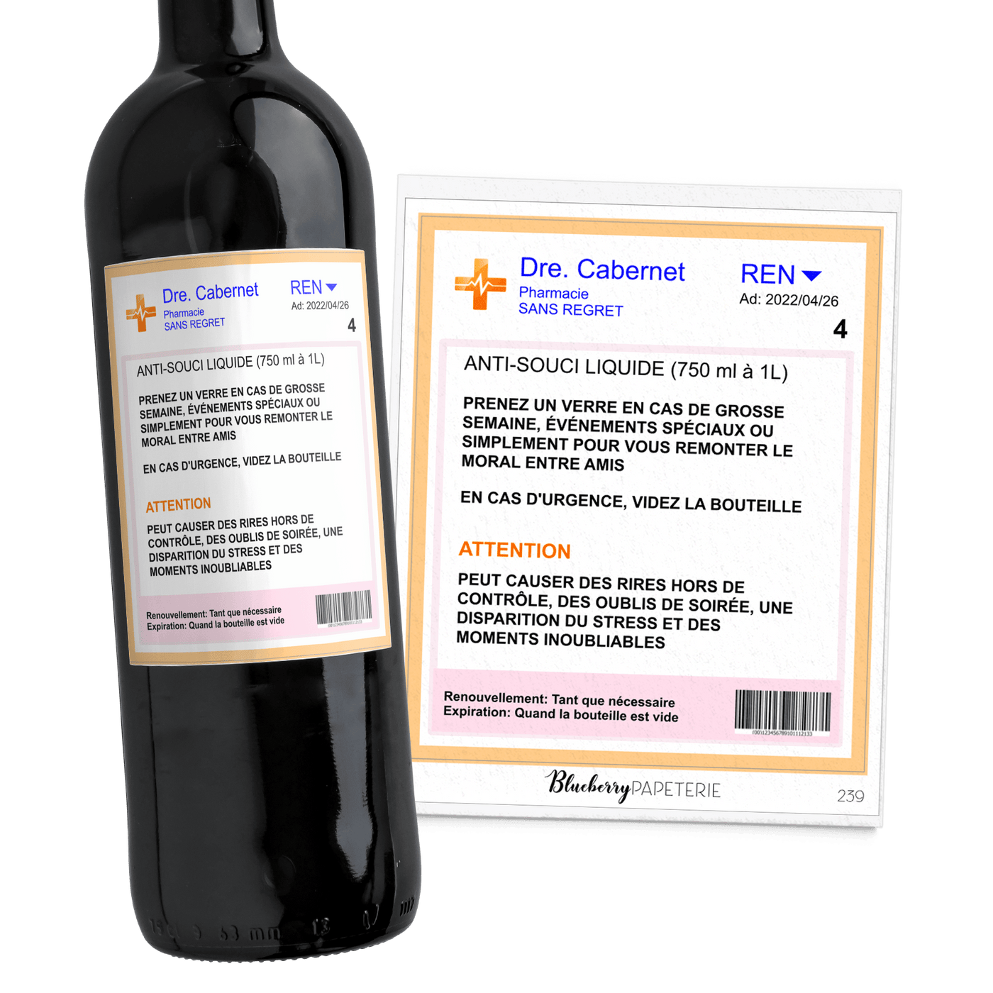 Étiquette à bouteille de vin - Prescription pour une belle soirée - Blueberry Papeterie